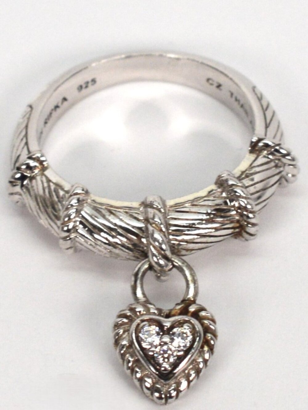 Judith Ripka Sterling Silver Dangle Heart Ring Size 8